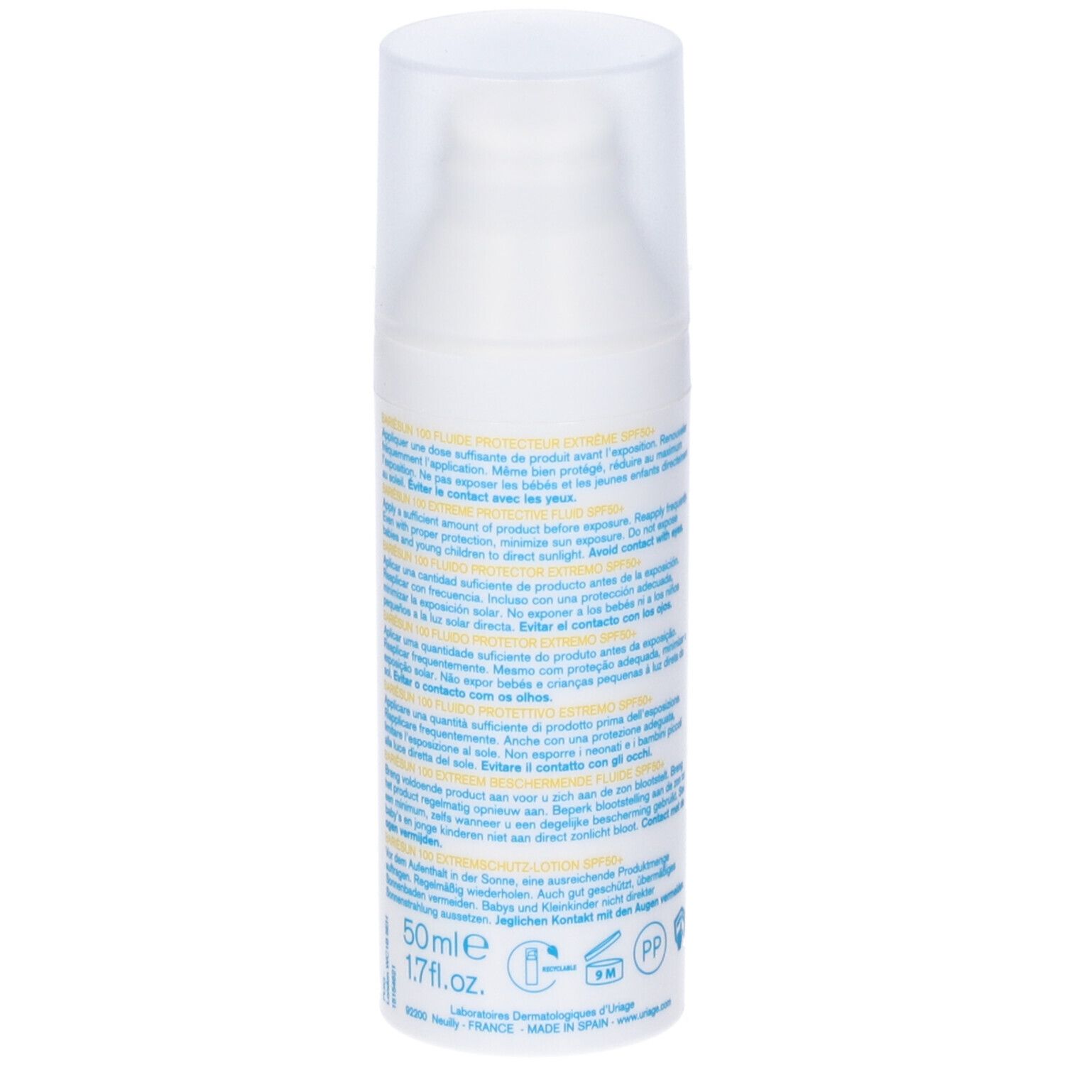 Retro del flacone Uriage Bariésun 100 Fluido. Testo multilingue. 50ml. Dermatologicamente testato.