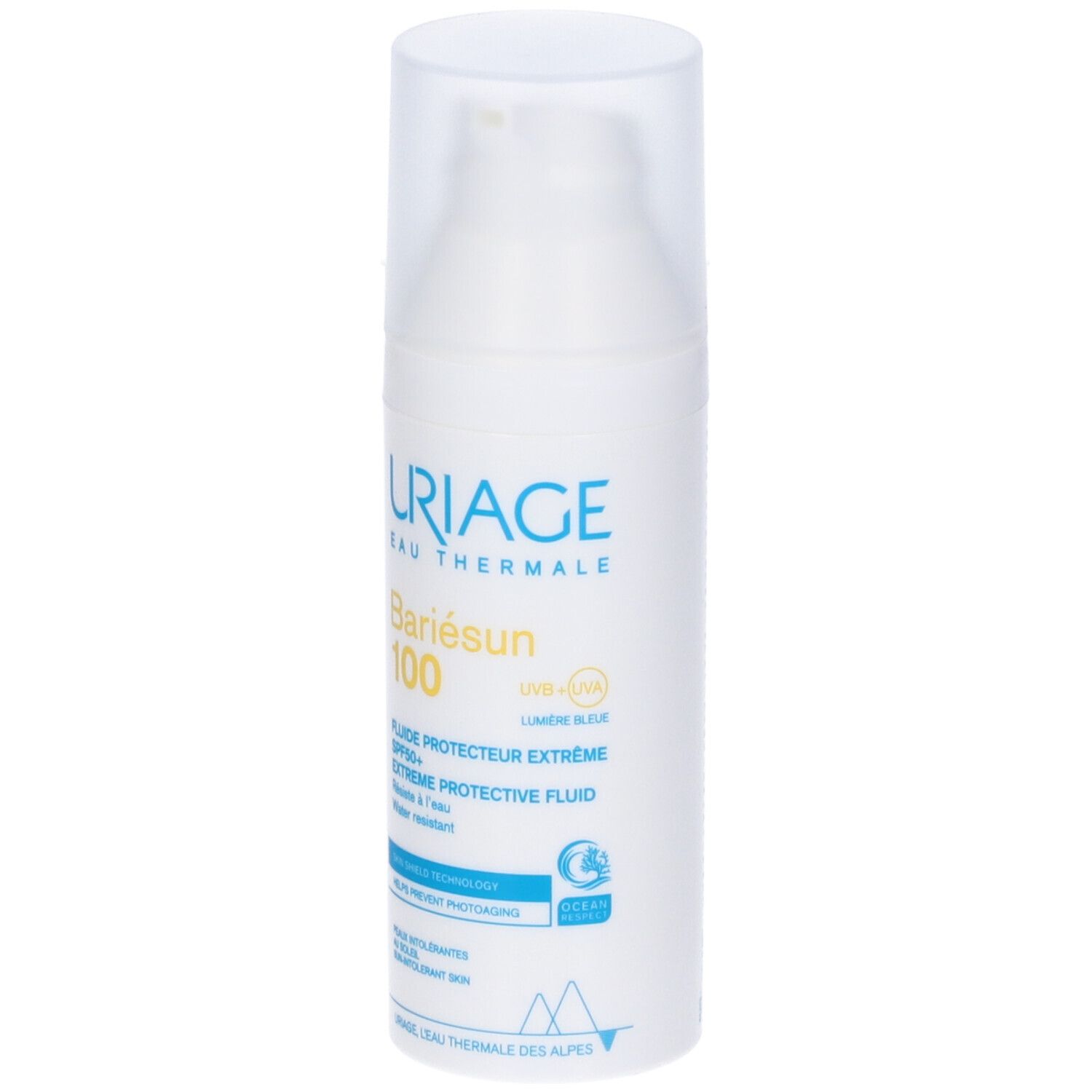 Uriage Bariésun 100 Fluido. Flacone bianco con dosatore. Scritta gialla. SPF50+, resistente all'acqua, Skin Shield Technology.