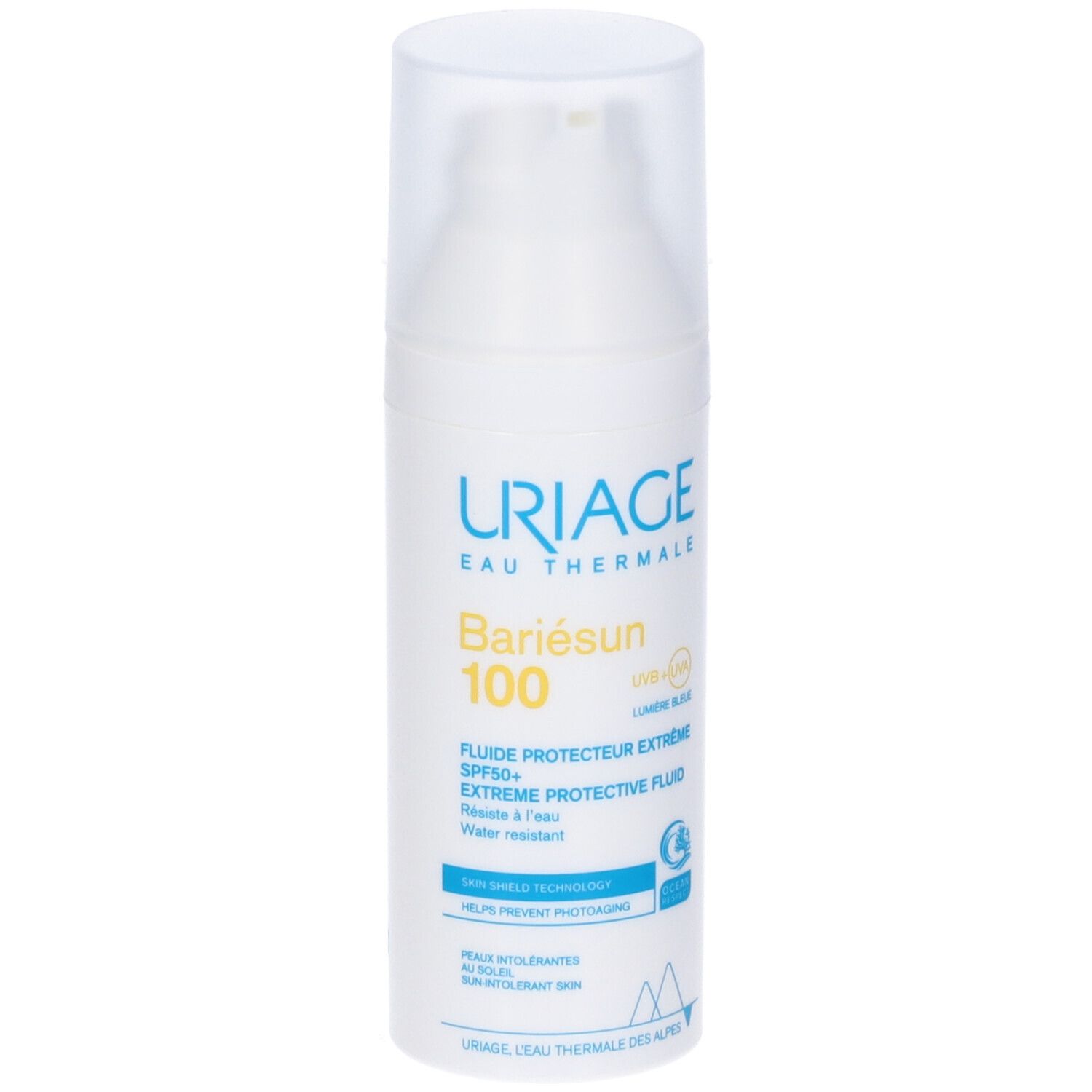 Uriage Bariésun 100 Fluido. Flacone bianco con dosatore. Scritta gialla. SPF50+, resistente all'acqua, Skin Shield Technology.