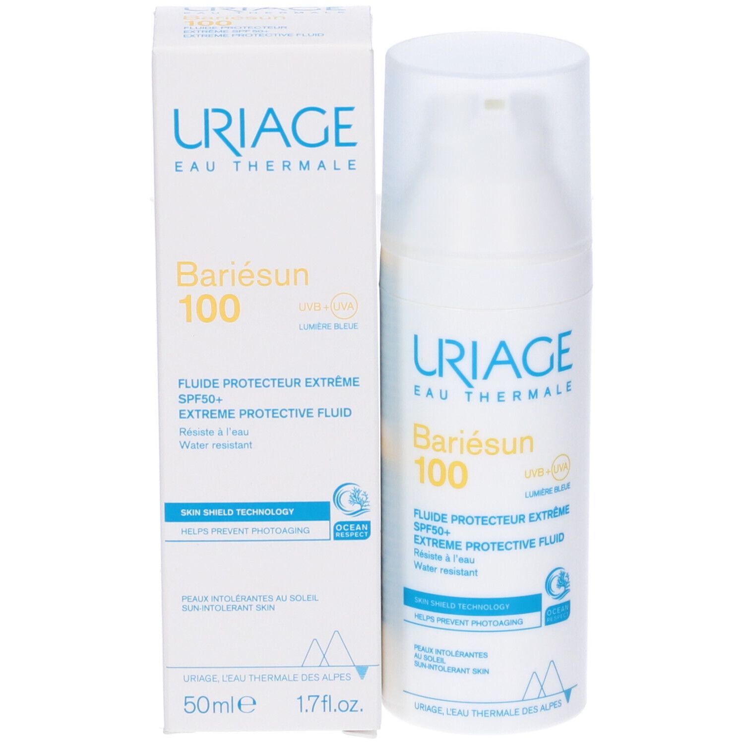 Uriage Bariésun 100 Fluido e confezione. Flacone bianco con testo giallo. 50ml. Skin Shield Technology.