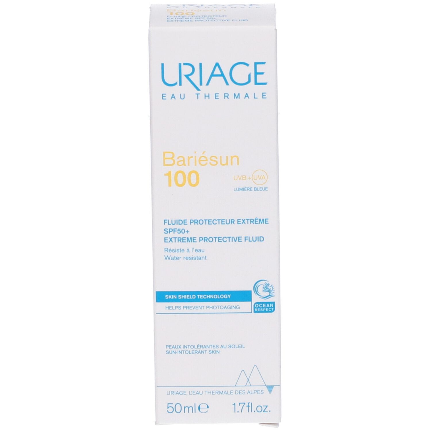 Confezione Uriage Bariésun 100 Fluido. Testo giallo. 50ml. SPF50+. Skin Shield Technology. Per pelli intolleranti al sole.