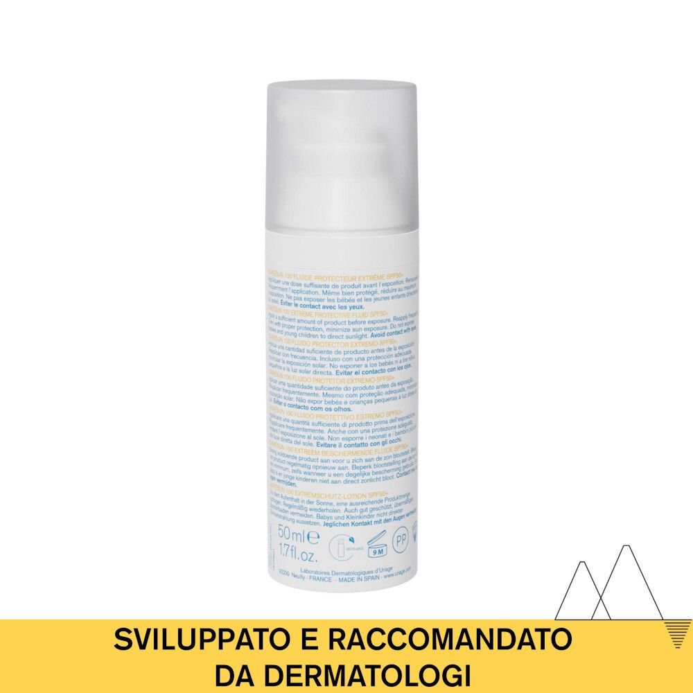 Retro del flacone Uriage Bariésun 100 Fluido. Testo multilingue. 50ml. Dermatologicamente testato.