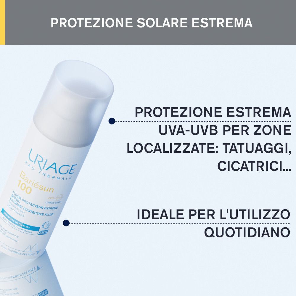 Flacone Uriage Bariésun 100 Fluido. Testo: Protezione estrema, UVA-UVB per tatuaggi, cicatrici. Ideale per uso quotidiano.