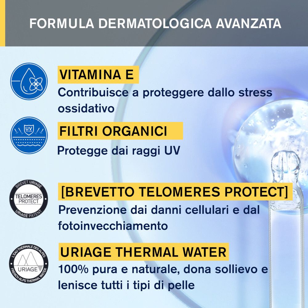 Testo: Vitamina E, protegge dallo stress ossidativo. Filtri organici, proteggono dai raggi UV. Telomeres Protect.