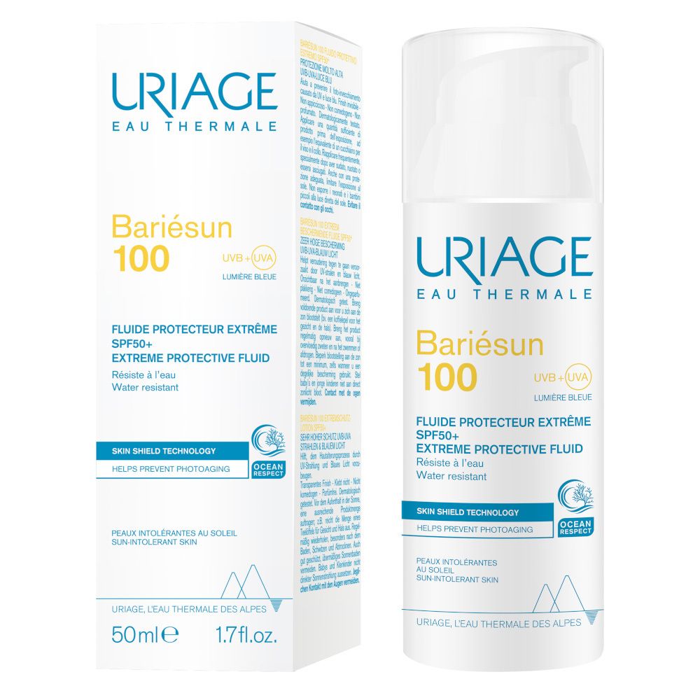 Uriage Bariésun 100 Fluido e confezione. Flacone bianco con testo giallo. 50ml. Skin Shield Technology.