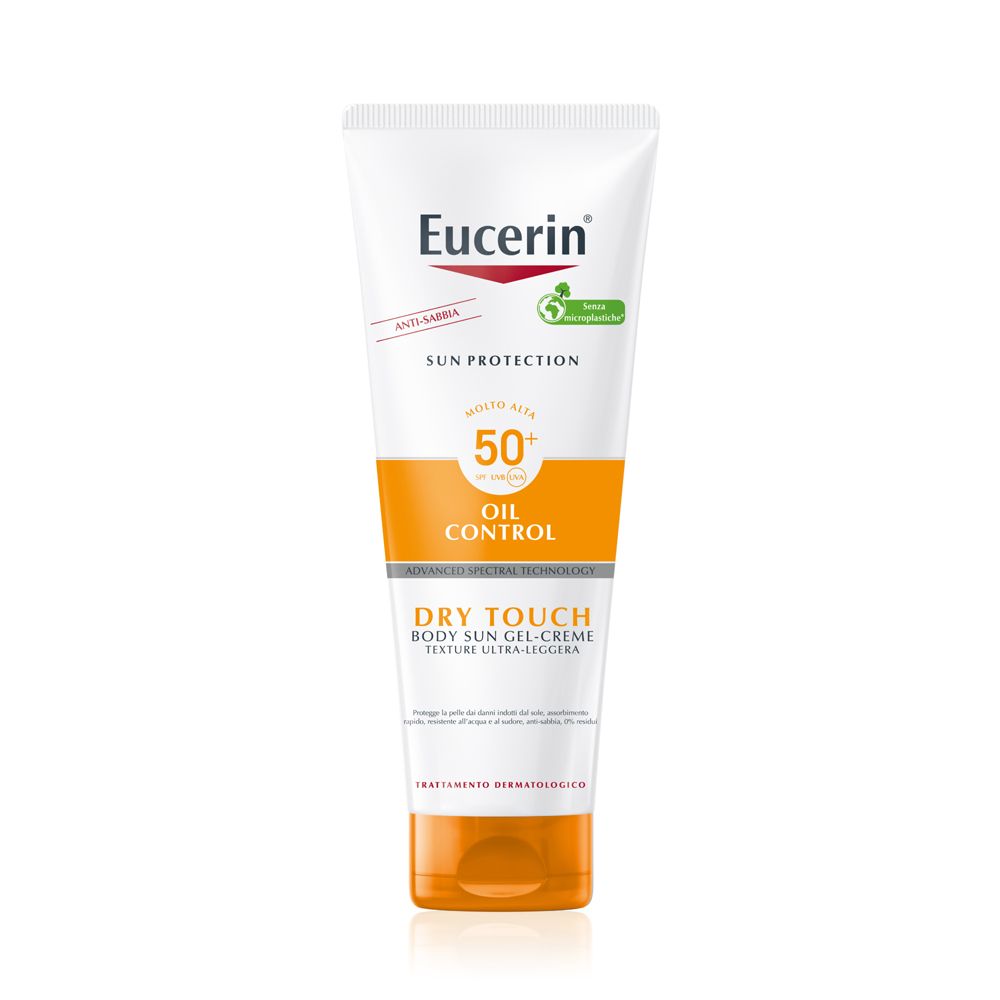 Tubo Eucerin Sun Gel-Creme Oil Control Body LSF50+. Bianco, arancione. Testo e logo.