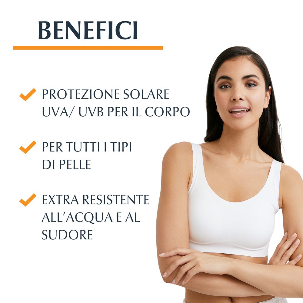 Donna in top bianco. Testo: Benefici, protezione solare, tutti i tipi di pelle, resistente all'acqua.