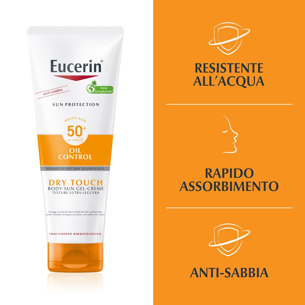 Tubo Eucerin Sun Gel-Creme Oil Control Body LSF50+. Testo: resistente all'acqua, rapido assorbimento, anti-sabbia.