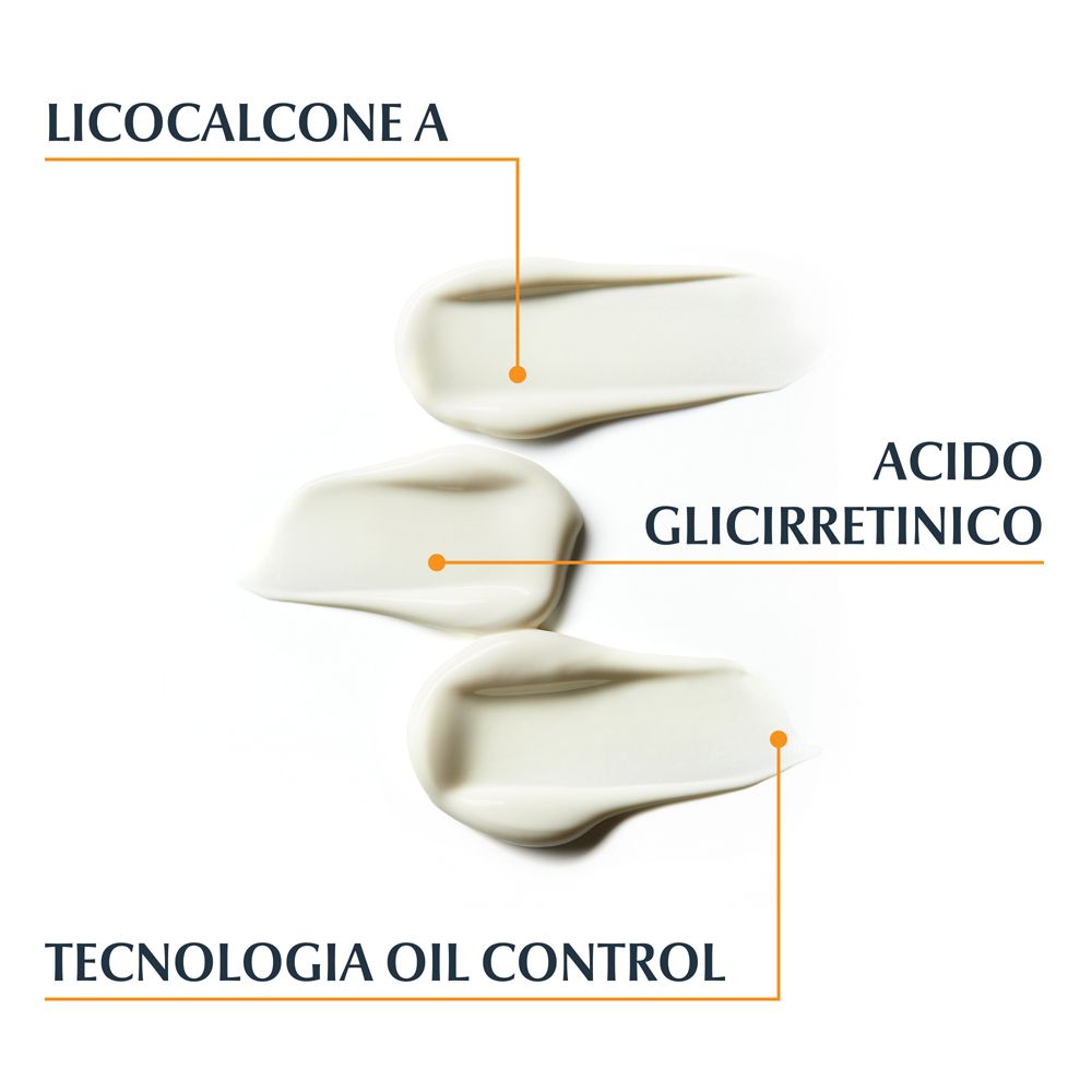 Tre campioni di crema. Testo: Licochalcone A, acido glicirretinico, tecnologia Oil Control.