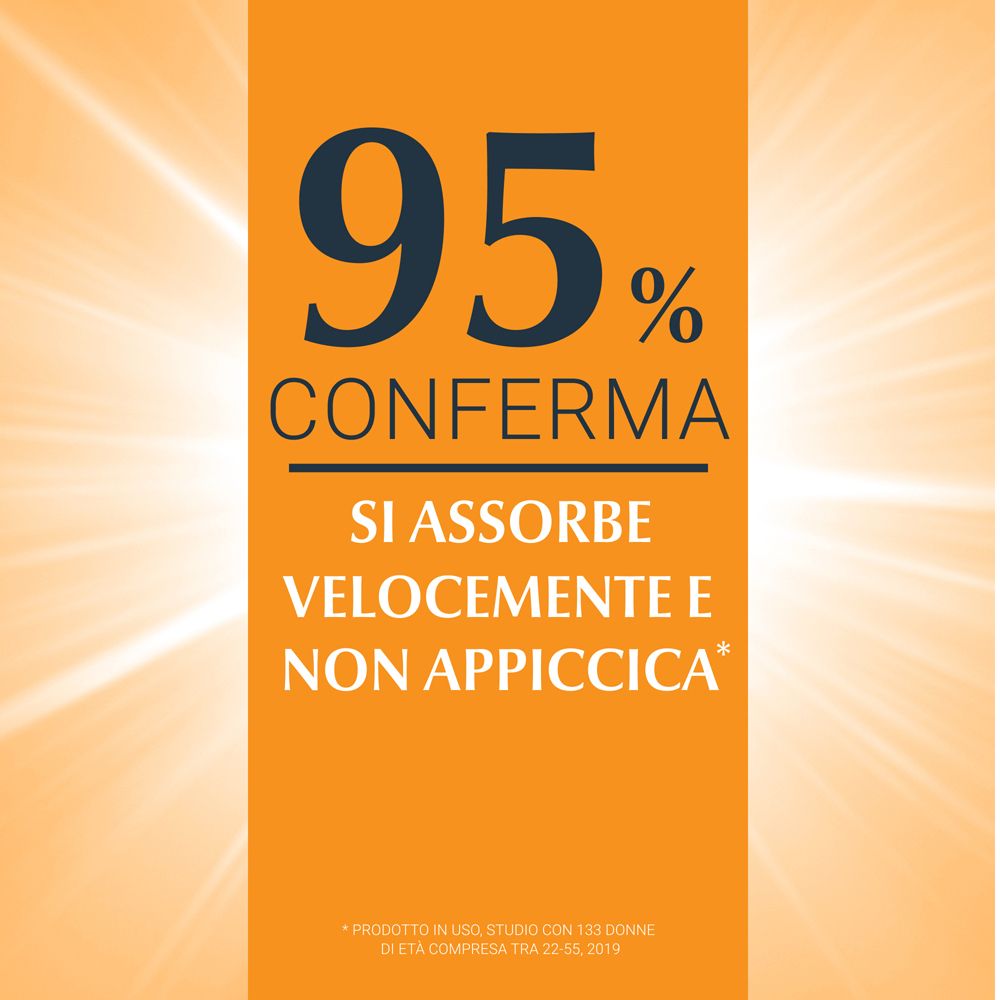 Sfondo arancione. Testo: 95% confermano, si assorbe velocemente e non appiccica.