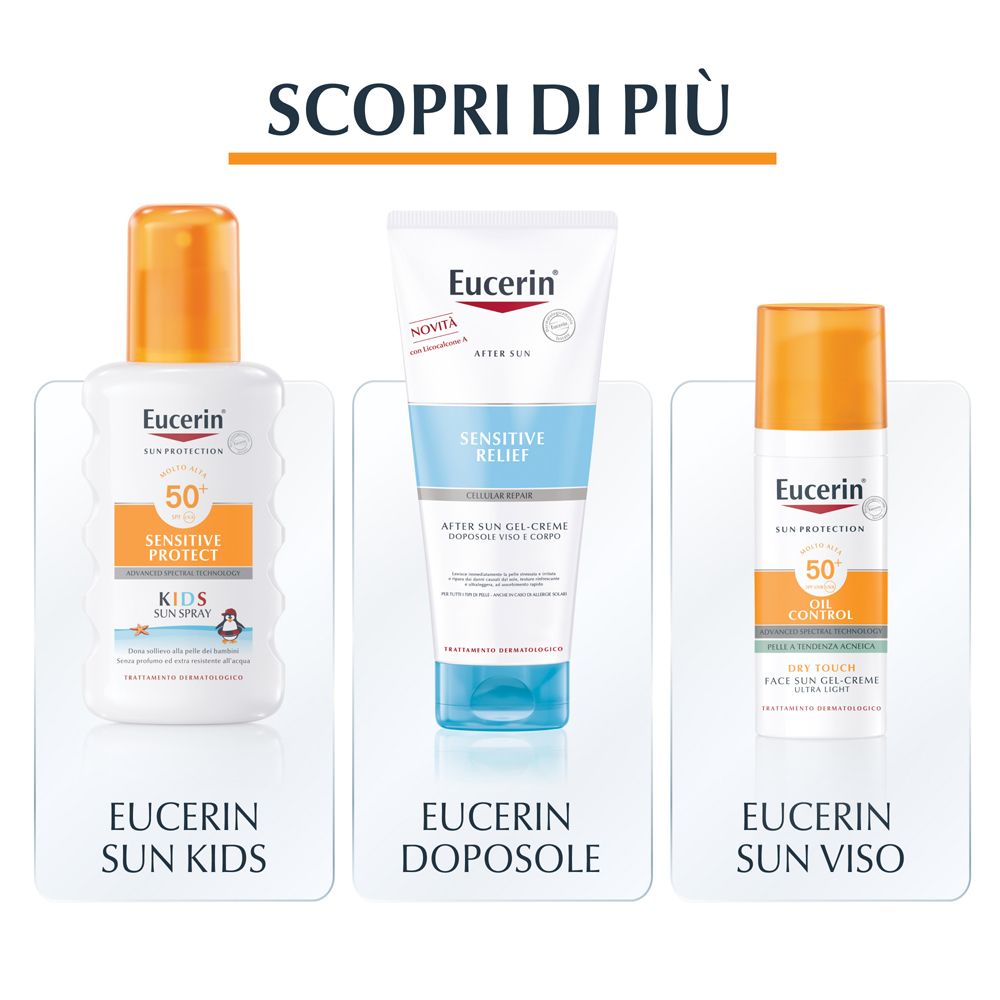 Tre prodotti Eucerin. Testo: Sun Kids, After Sun, Sun Viso. Confezione.