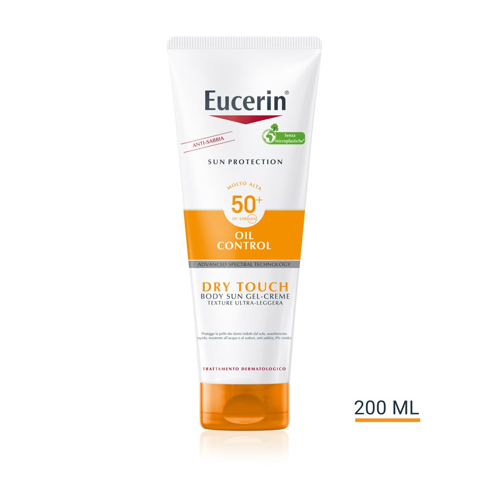 Tubo Eucerin Sun Gel-Creme Oil Control Body LSF50+. Bianco, arancione. 200 ml.