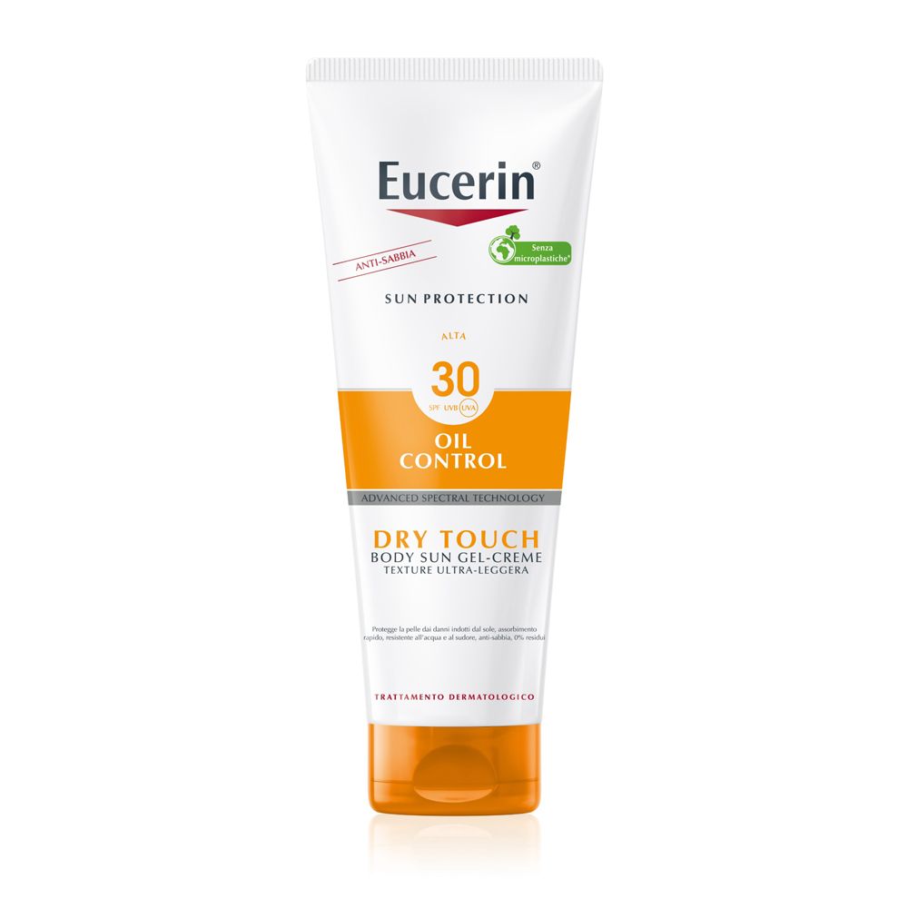 Eucerin Sun Gel-Creme Oil Control Body LSF30. Tubo bianco con dettagli arancioni. Contiene protezione solare 30.