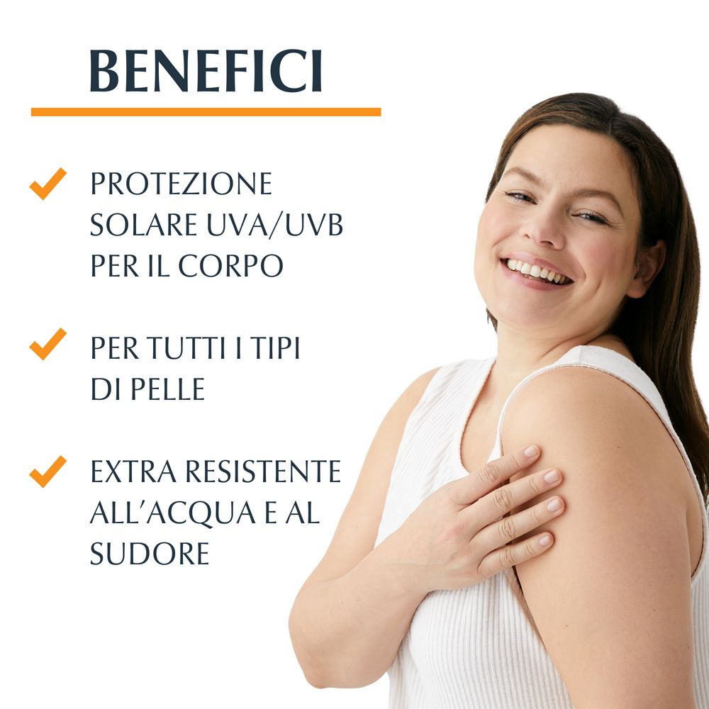 Vantaggi del prodotto. Protezione UVA/UVB, per tutti i tipi di pelle, resistente all'acqua e al sudore.