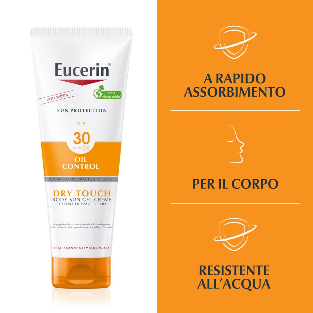 Eucerin Sun Gel-Creme Oil Control Body LSF30. Vantaggi: Assorbimento rapido, per il corpo, resistente all'acqua.