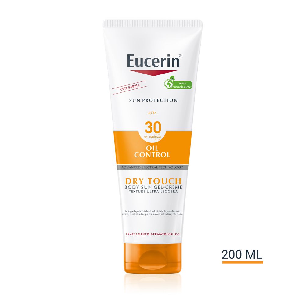 Eucerin Sun Gel-Creme Oil Control Body LSF30. Tubo bianco con dettagli arancioni. 200 ml.