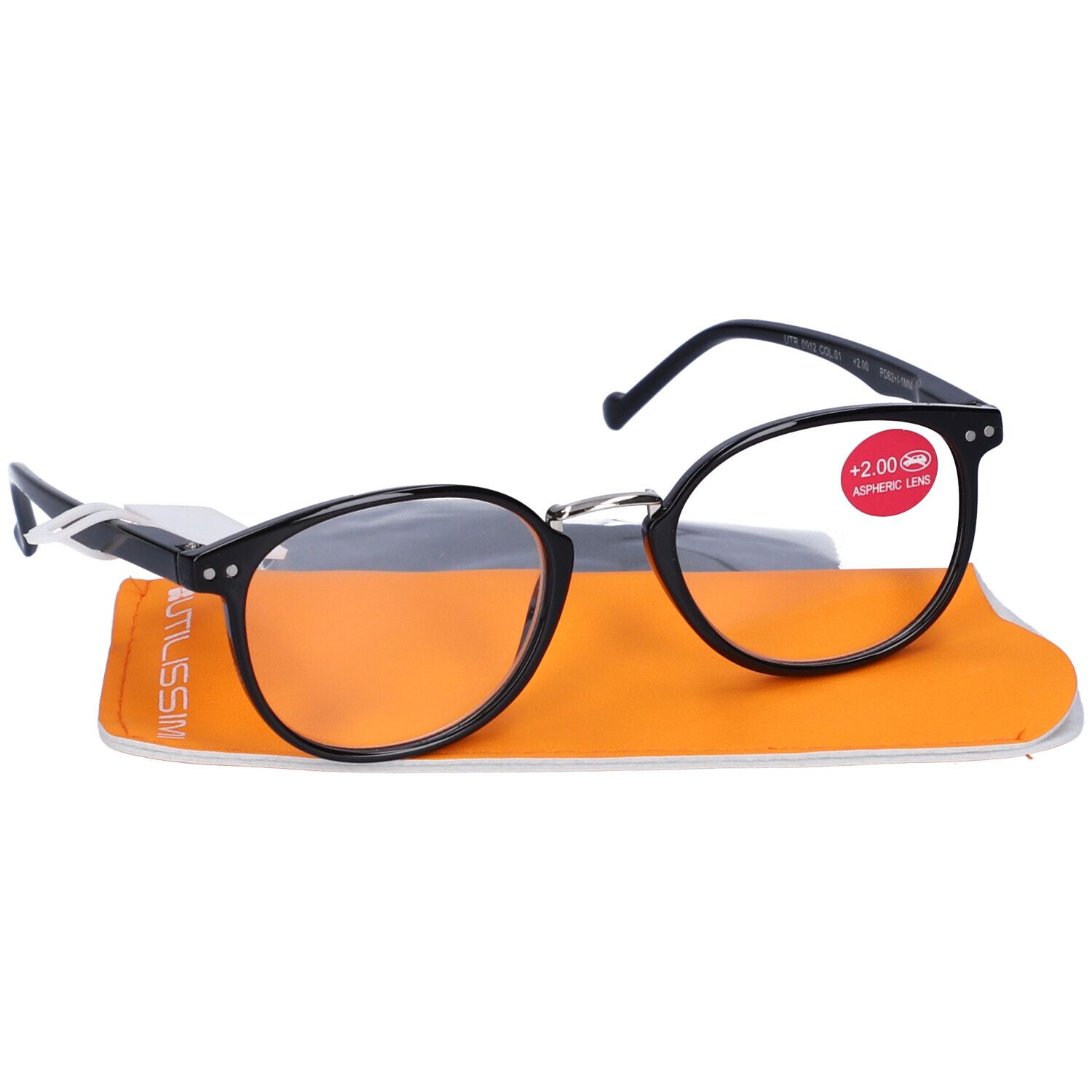 Occhiali neri con custodia arancione. Adesivo +2,00 diottrie sulla lente. Custodia con scritta.