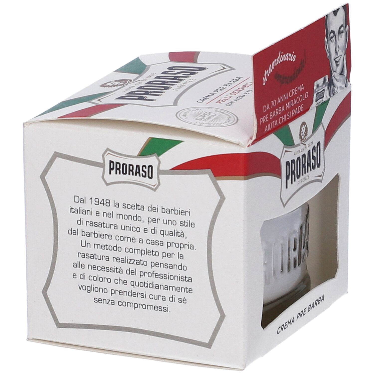 Proraso Crema Prebarba in confezione. Confezione con logo e testo. Bandiera italiana. Testo sul marchio e la storia.