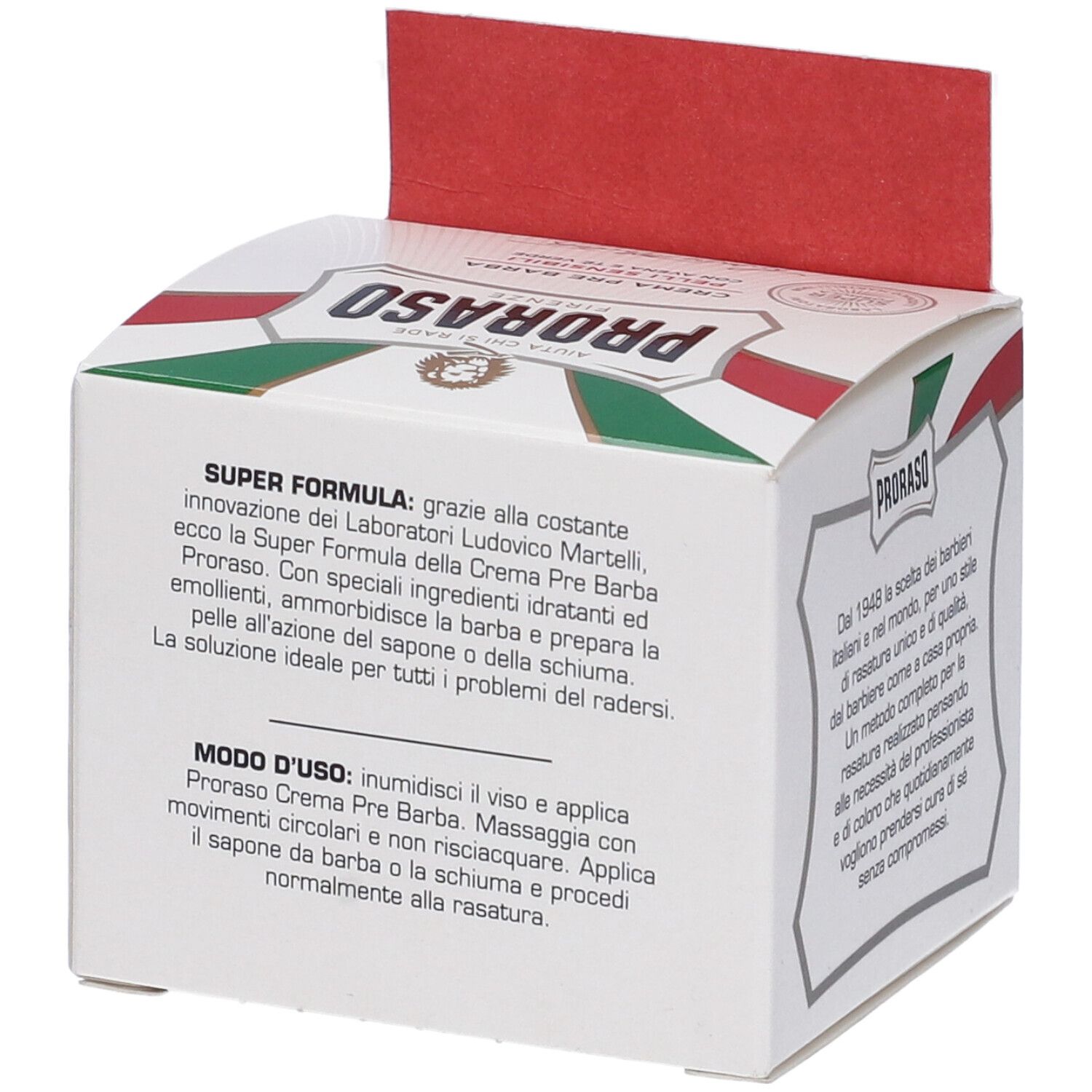 Confezione Proraso Crema Prebarba. Testo sugli ingredienti e l'uso. Bandiera italiana. Logo e nome del prodotto.