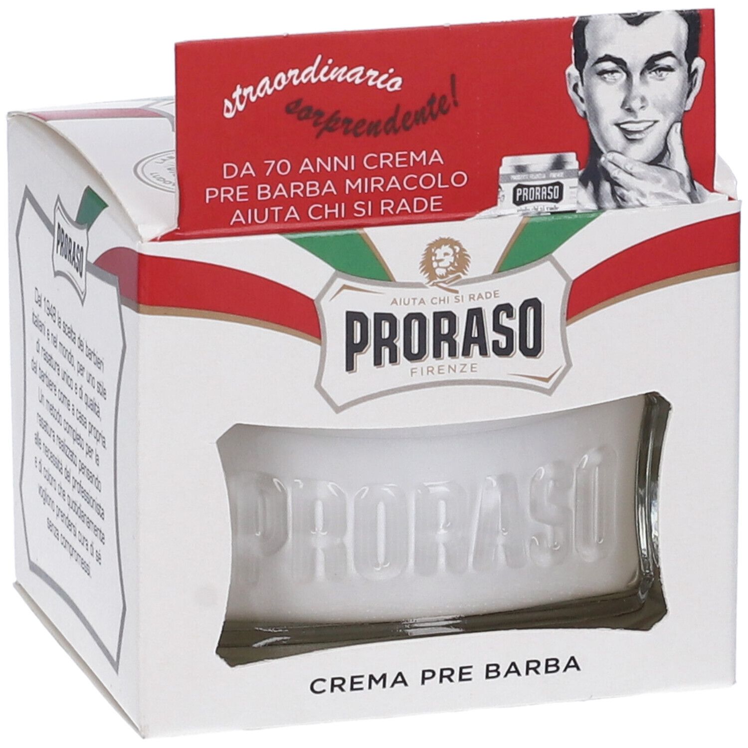 Proraso Crema Prebarba in confezione. Prodotto bianco in contenitore di vetro. Confezione con logo e testo. Bandiera italiana.