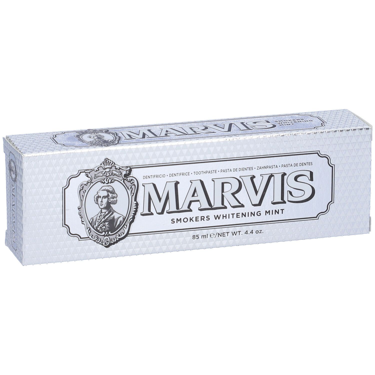 Zilveren tandpastaverpakking met logo en productnaam. 85 ml.