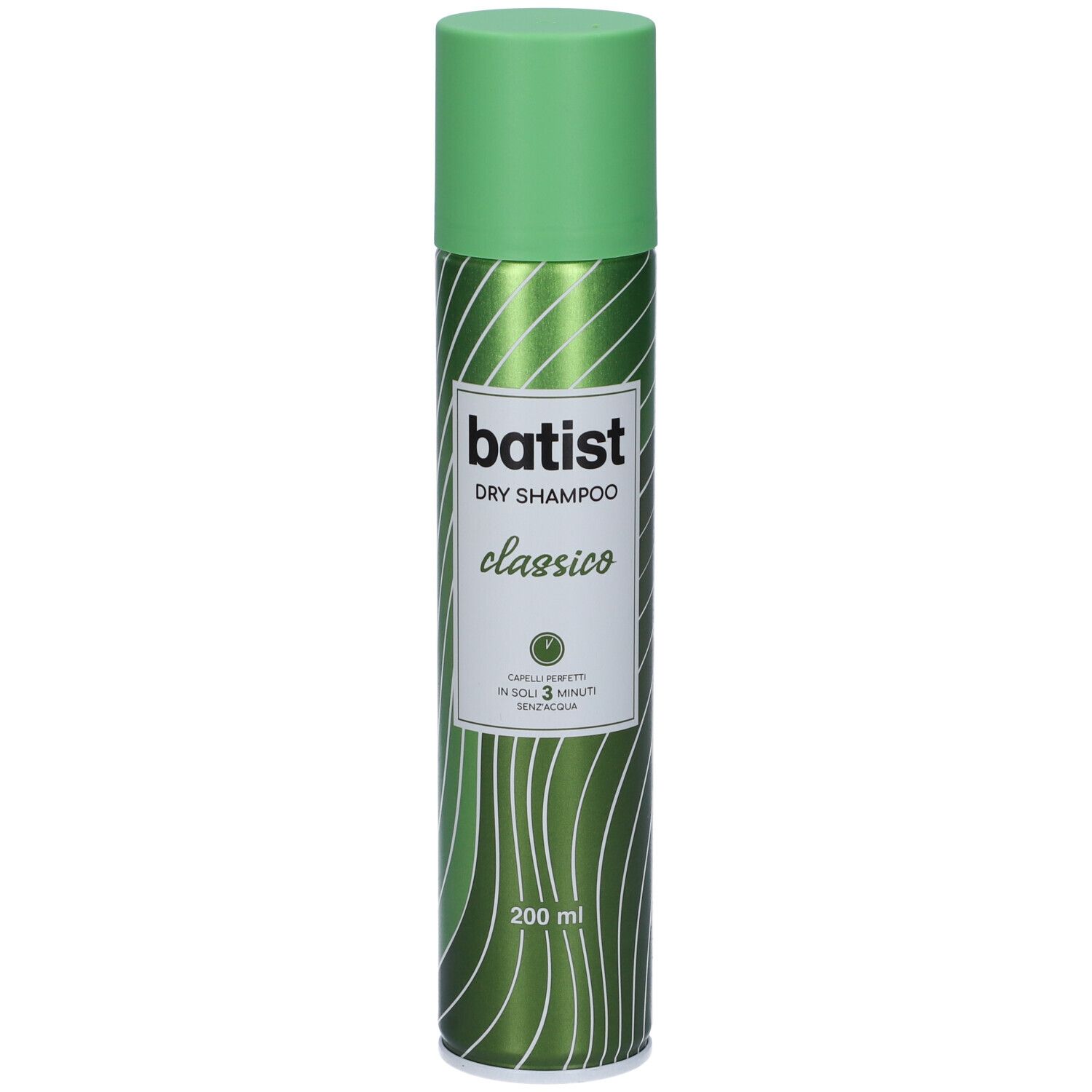Batist Dry Shampoo Classico. Bomboletta spray verde con etichetta bianca. Nome del prodotto e indicazione del volume.
