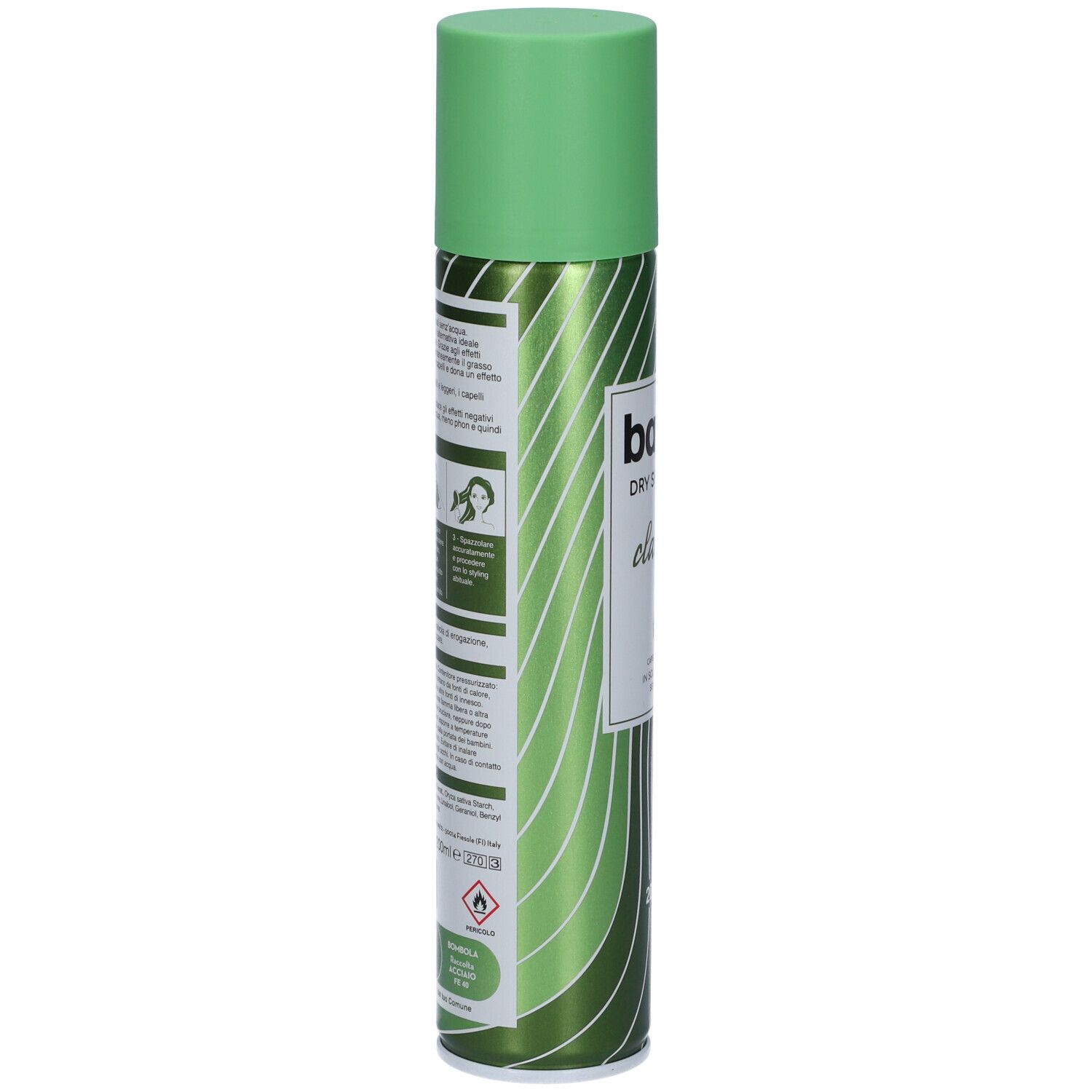 Batist Dry Shampoo Classico. Bomboletta spray verde, vista laterale. Testo e loghi sull'etichetta.
