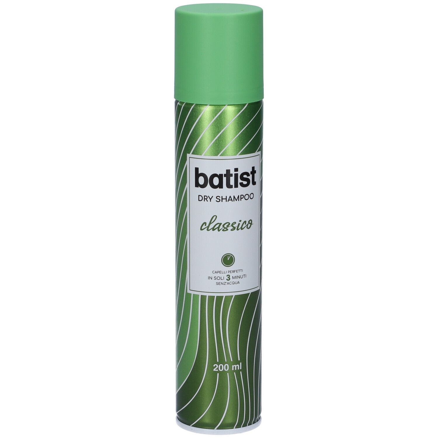 Batist Dry Shampoo Classico. Bomboletta spray verde con etichetta bianca. Nome del prodotto e indicazione del volume.