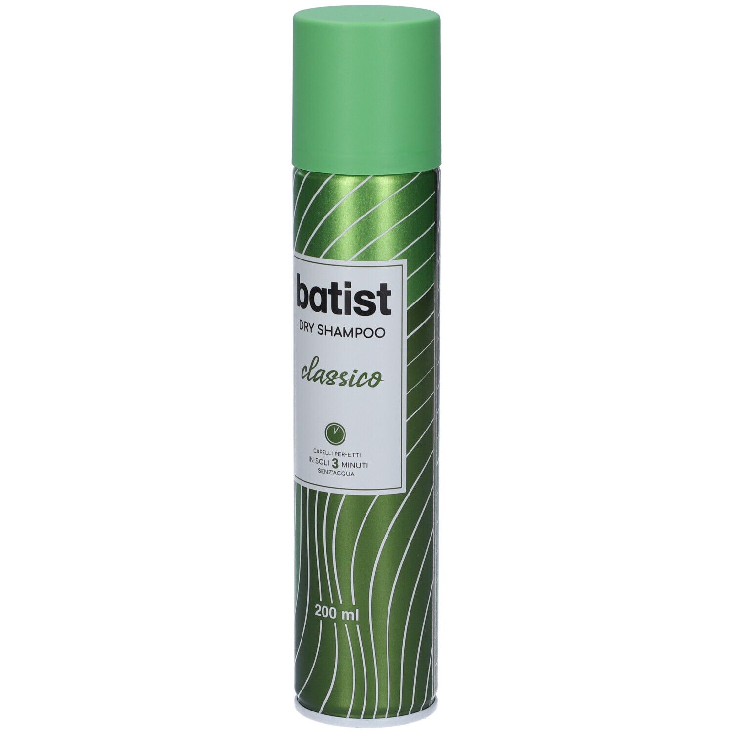Batist Dry Shampoo Classico. Bomboletta spray verde con etichetta bianca. Nome del prodotto e indicazione del volume.