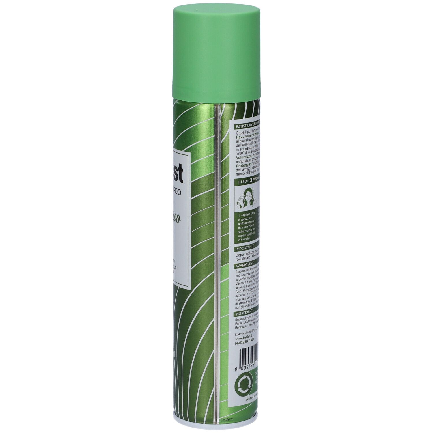 Batist Dry Shampoo Classico. Bomboletta spray verde, vista laterale. Testo e loghi sull'etichetta.