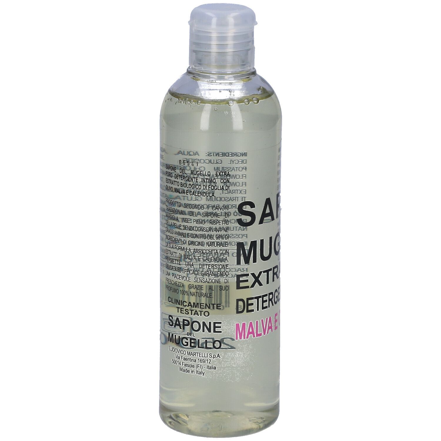 Bottiglia trasparente con tappo bianco. Scritta: SAPONE DEL MUGELLO, EXTRA PURO, DETERGENTE INTIMO, MALVA E CALENDULA. Testo sul retro.