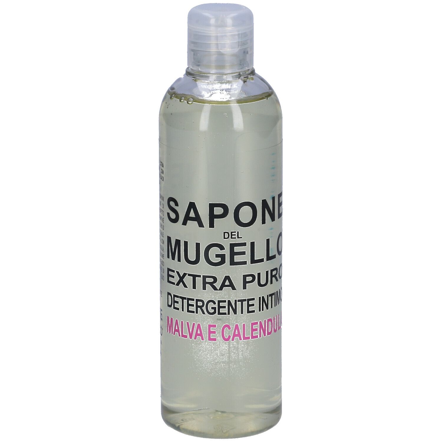 Liquido trasparente in bottiglia trasparente con tappo bianco. Scritta: SAPONE DEL MUGELLO, EXTRA PURO, DETERGENTE INTIMO, MALVA E CALENDULA.