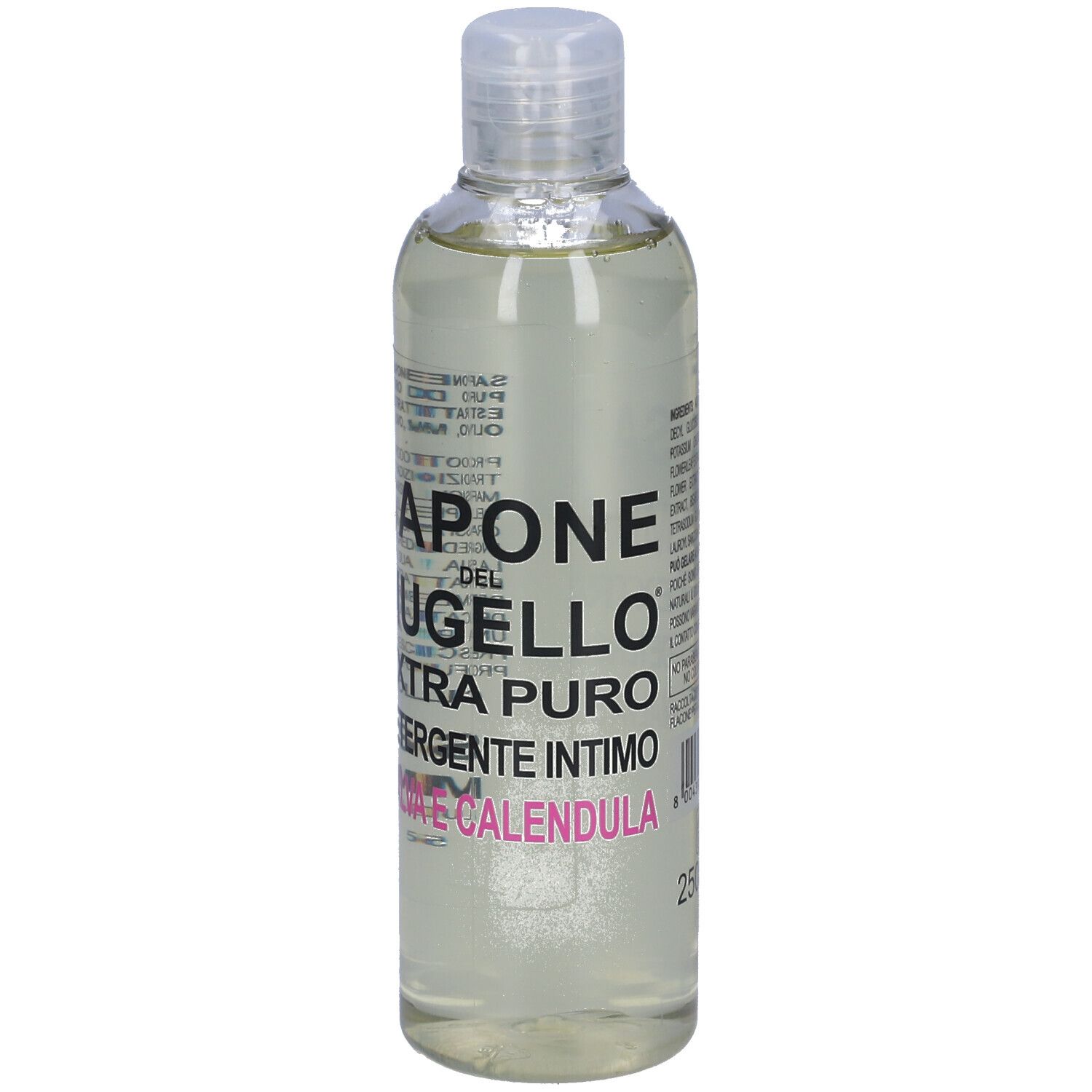 Bottiglia trasparente con tappo bianco. Scritta: SAPONE DEL MUGELLO, EXTRA PURO, DETERGENTE INTIMO, MALVA E CALENDULA. Volume: 250 ml.