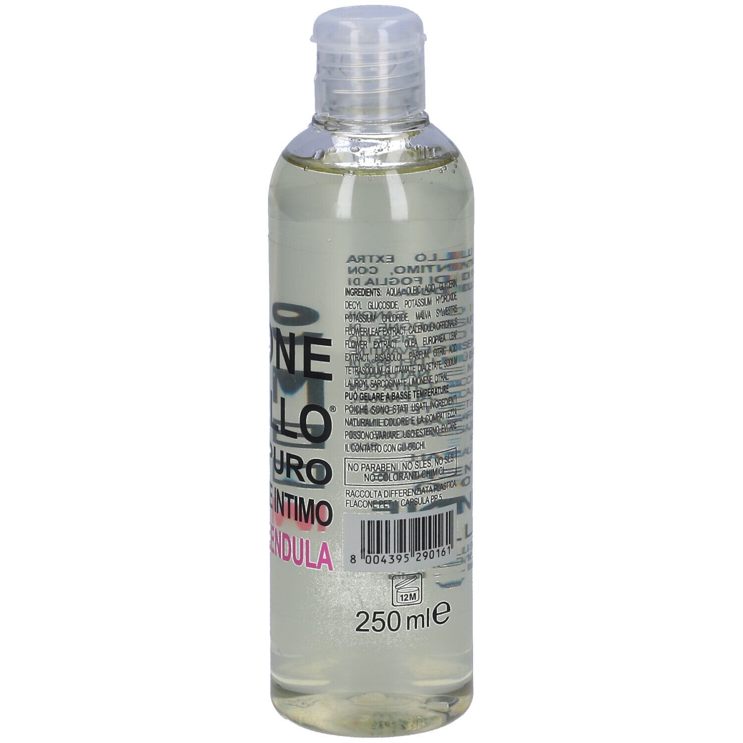 Bottiglia trasparente con tappo bianco. Scritta: SAPONE DEL MUGELLO, EXTRA PURO, DETERGENTE INTIMO, MALVA E CALENDULA. Volume: 250 ml. Testo sul retro.