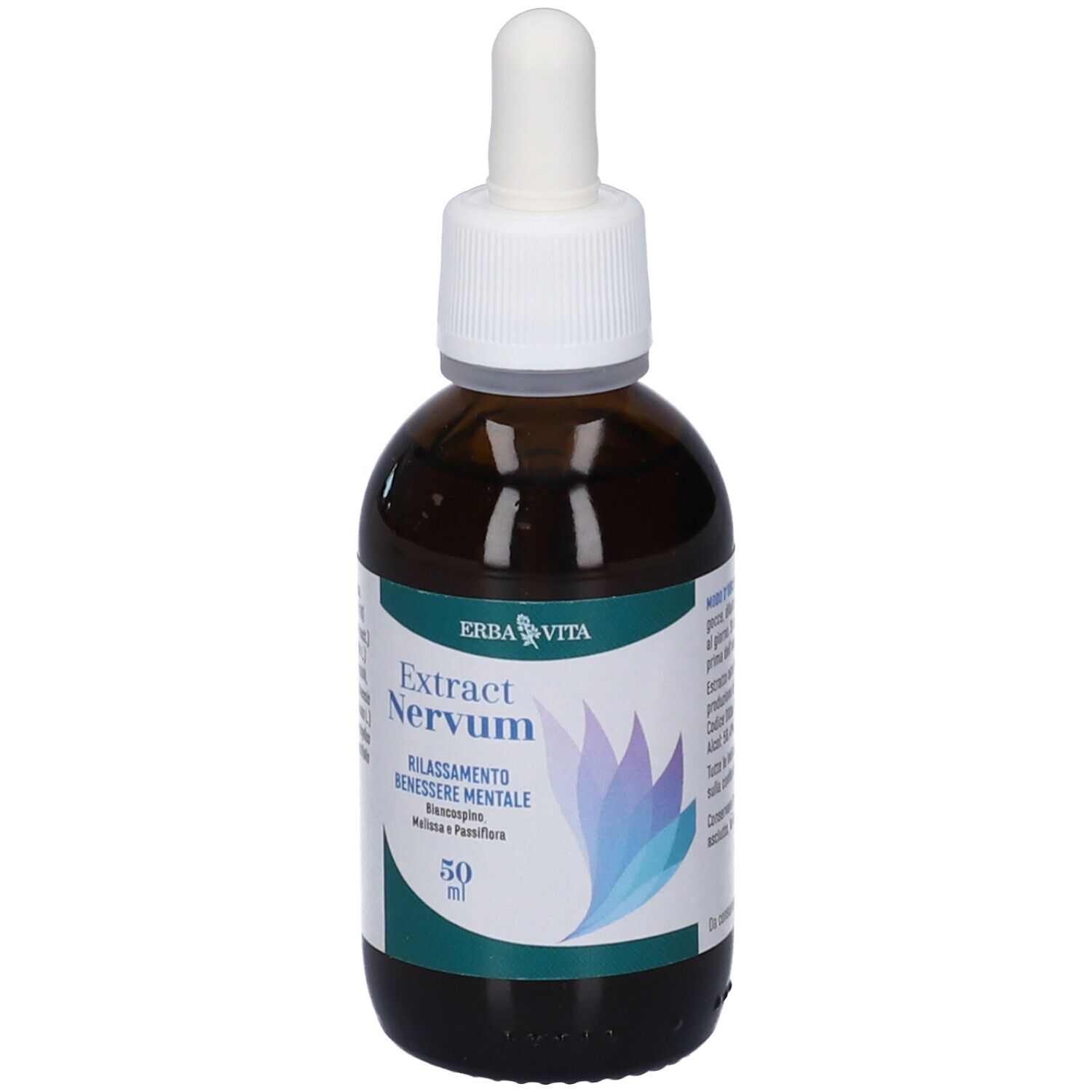 Braune Glasflasche mit weißem Deckel und Pipette. Etikett mit Produktnamen und Logo. 50 ml.