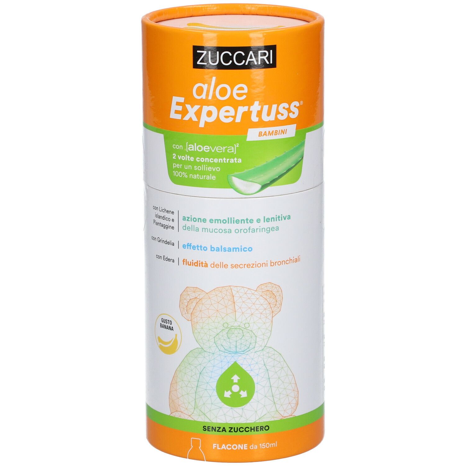 Confezione cilindrica Zuccari Aloe Expertuss® Bambini. Arancione e bianca. Illustrazione orsetto. Testo: Aloe Vera, senza zucchero, gusto banana.