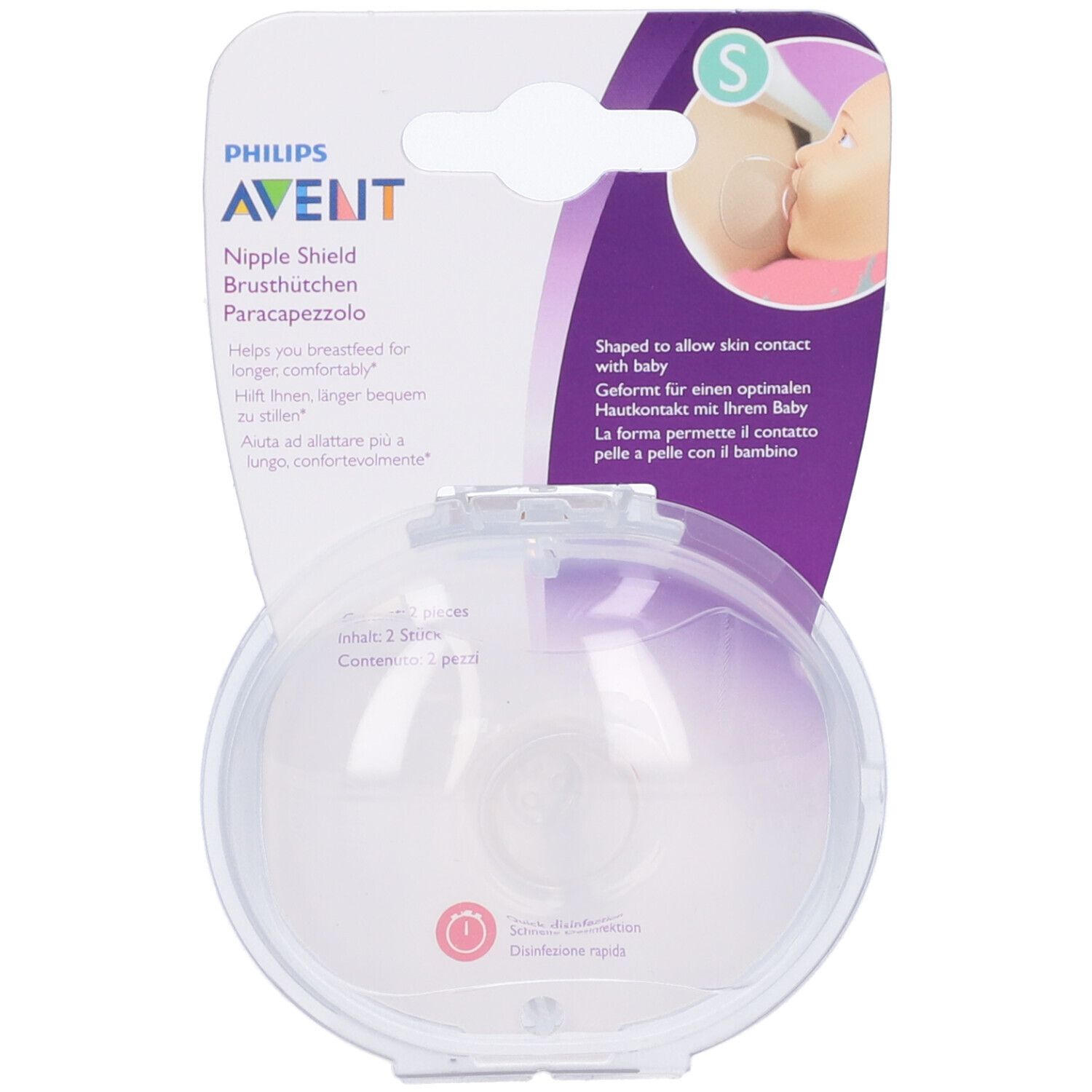 Confezione paracapezzoli Philips Avent. Contenitore rotondo trasparente. Testo: 'Nipple Shield', 'S'.