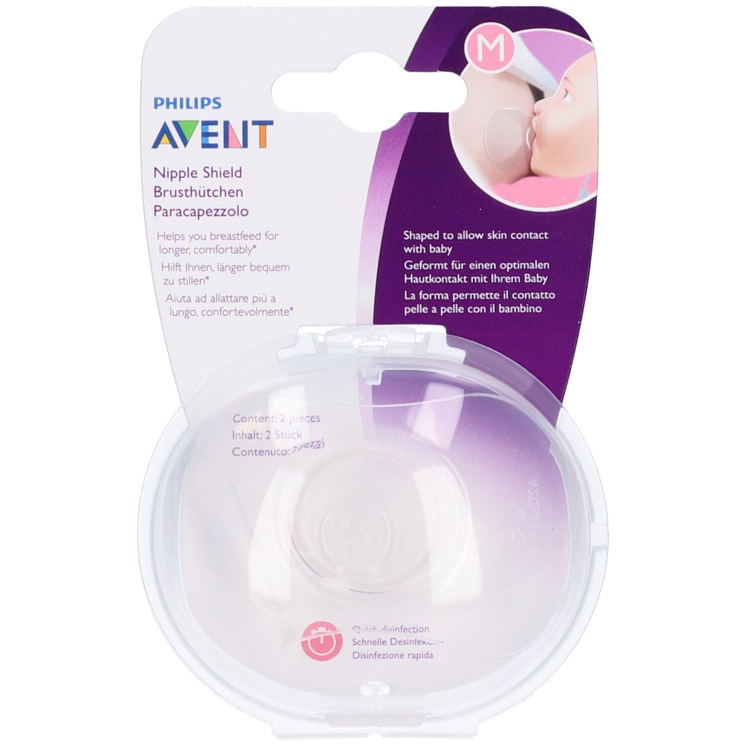 Paracapezzolo in custodia protettiva trasparente. Marchio Philips Avent. Scritta: Nipple Shield, Paracapezzolo.