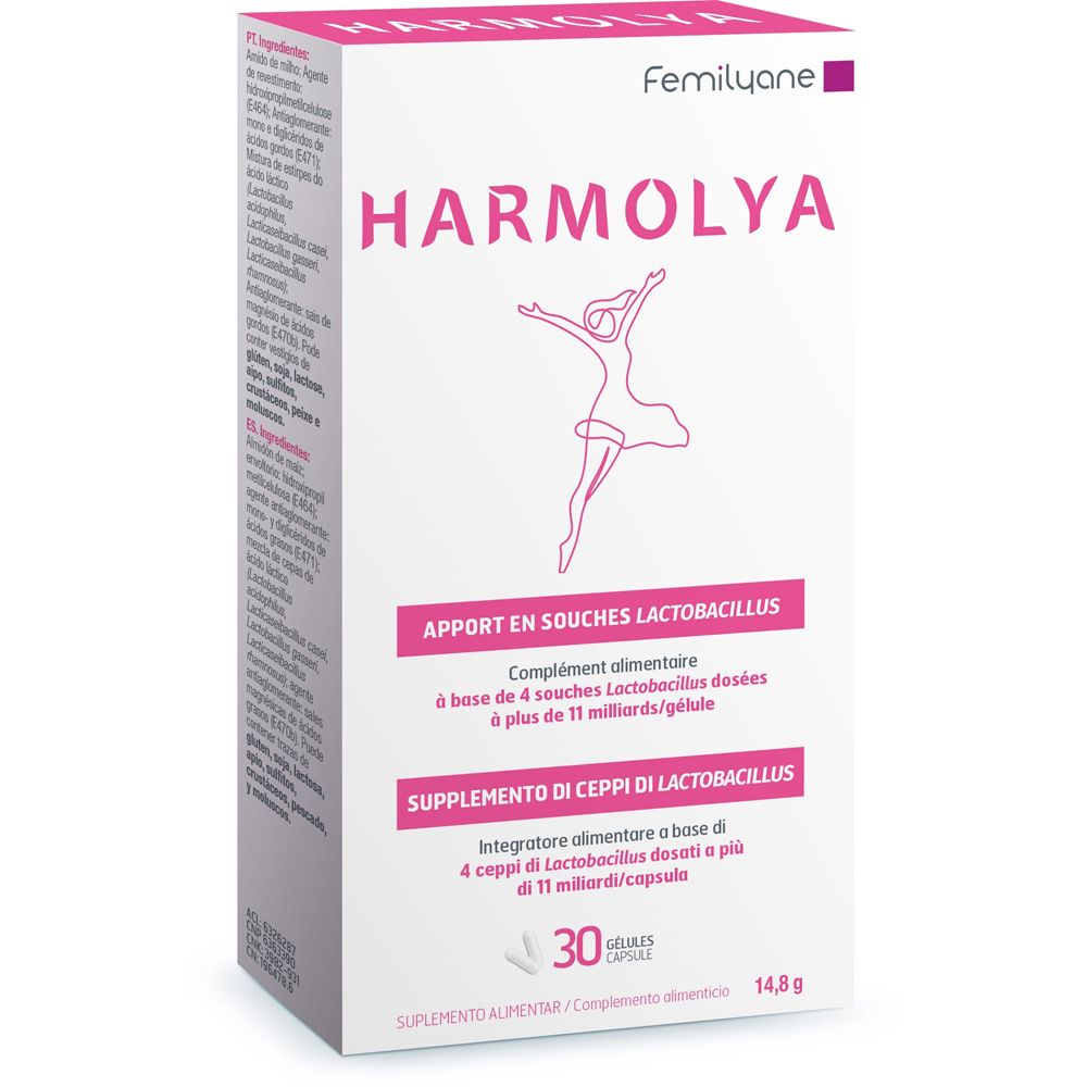 Confezione Femilyane Harmolya. Scatola bianca con dettagli rosa. Testo: Harmolya, 30 capsule, integratore alimentare con lattobacilli.