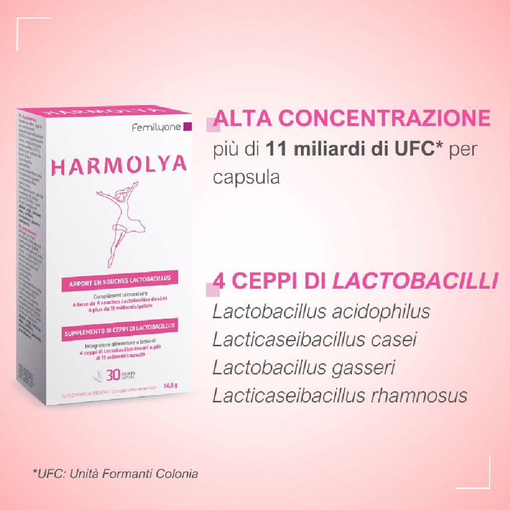 Confezione Femilyane Harmolya. Testo: Alta concentrazione, più di 11 miliardi di UFC per capsula. 4 ceppi di lattobacilli: acidophilus, casei, gasseri, rhamnosus.