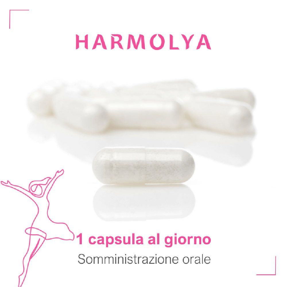Capsule bianche. Una capsula in primo piano, altre sullo sfondo. Testo: 1 capsula al giorno, somministrazione orale. Logo Harmolya.