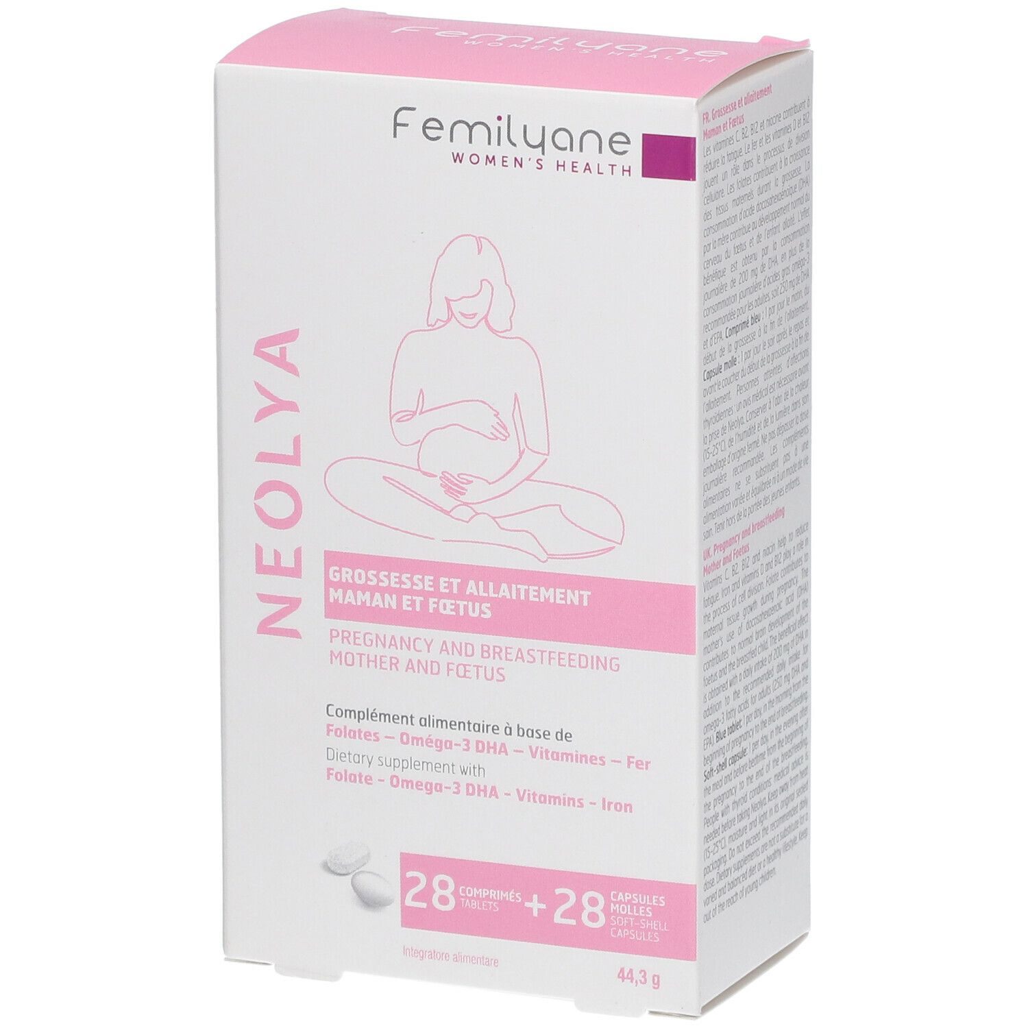 Scatola Femilyane Neoyla. Confezione rosa e bianca con nome del prodotto e illustrazione di donna incinta.