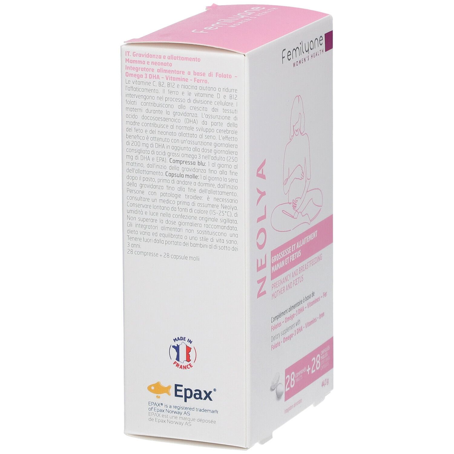 Scatola Femilyane Neoyla, vista laterale. Confezione rosa e bianca con informazioni sul prodotto e logo.