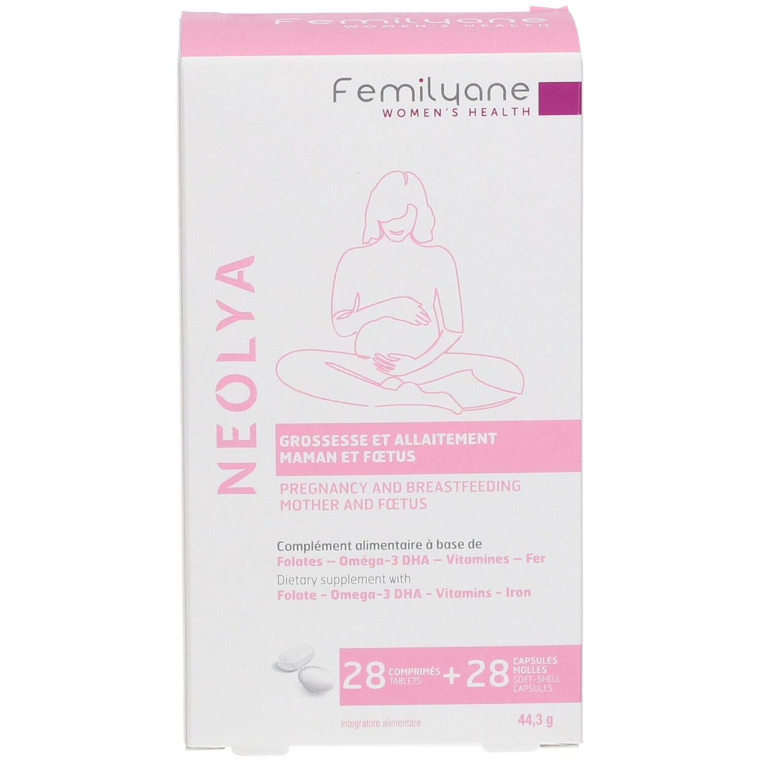 Scatola Femilyane Neoyla. Confezione rosa e bianca con nome del prodotto e illustrazione di donna incinta.