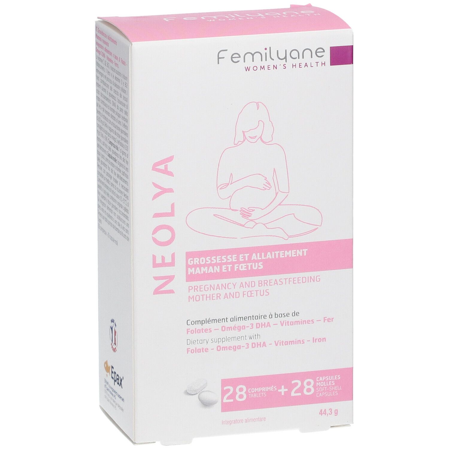 Scatola Femilyane Neoyla. Confezione rosa e bianca con nome del prodotto e illustrazione di donna incinta.