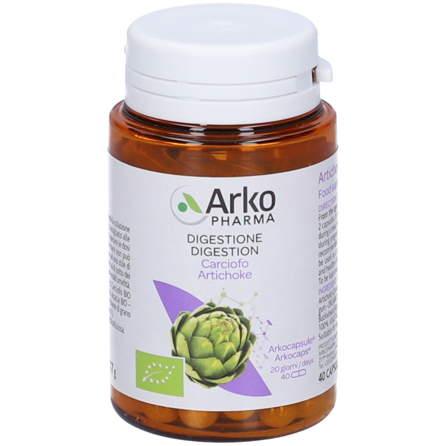 Flacone marrone, tappo bianco. Scritto: Arkopharma, Digestion, Carciofo, Artichoke, 40 capsule. Certificazione bio.