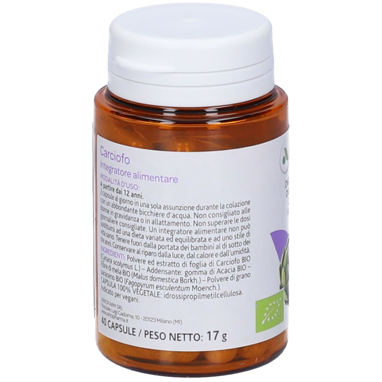 Flacone marrone, tappo bianco. Scritto: Carciofo, Integratore alimentare, 40 capsule, 17 g. Testo in italiano.