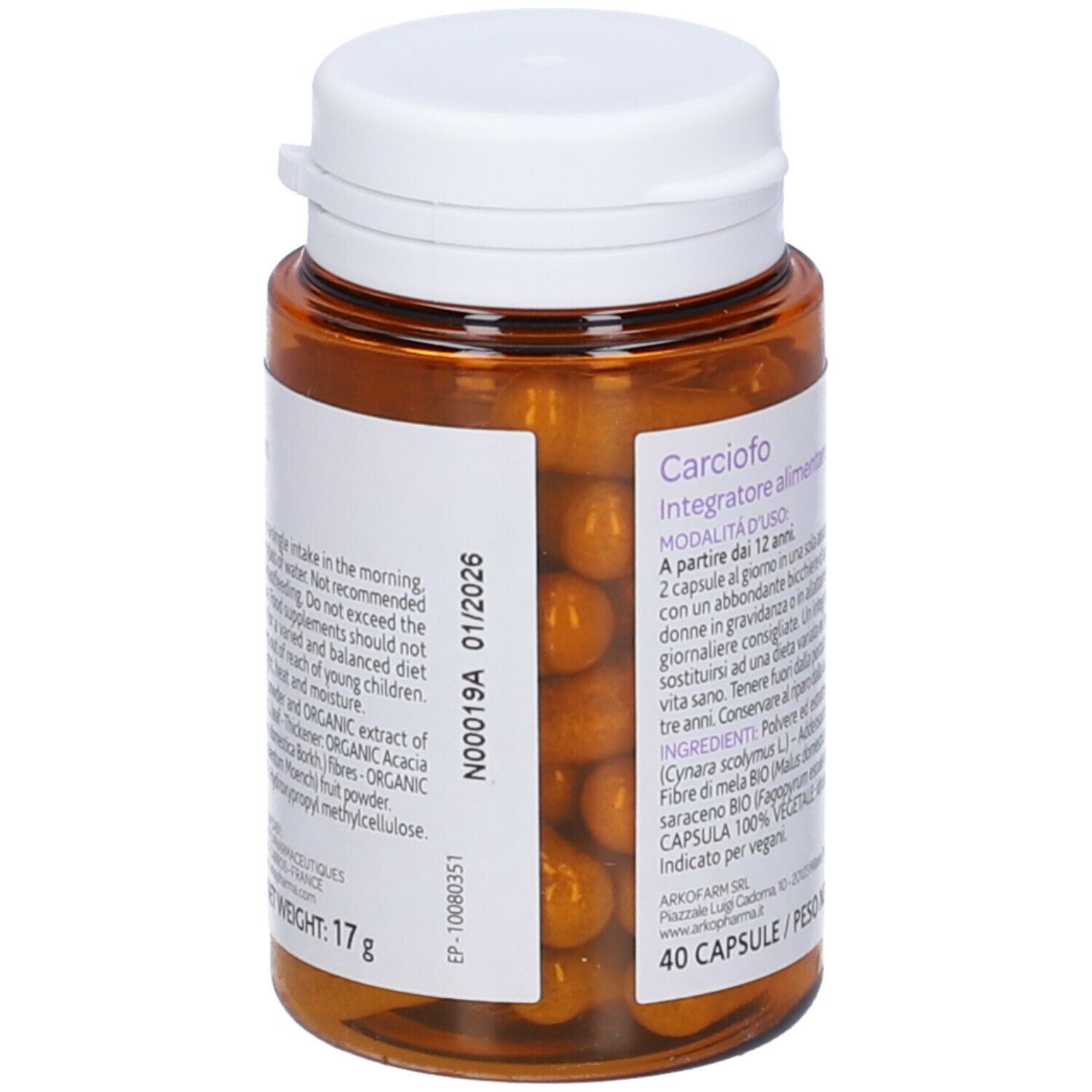 Flacone marrone, tappo bianco. Scritto: Carciofo, Integratore alimentare, 40 capsule, 17 g. Testo in italiano.