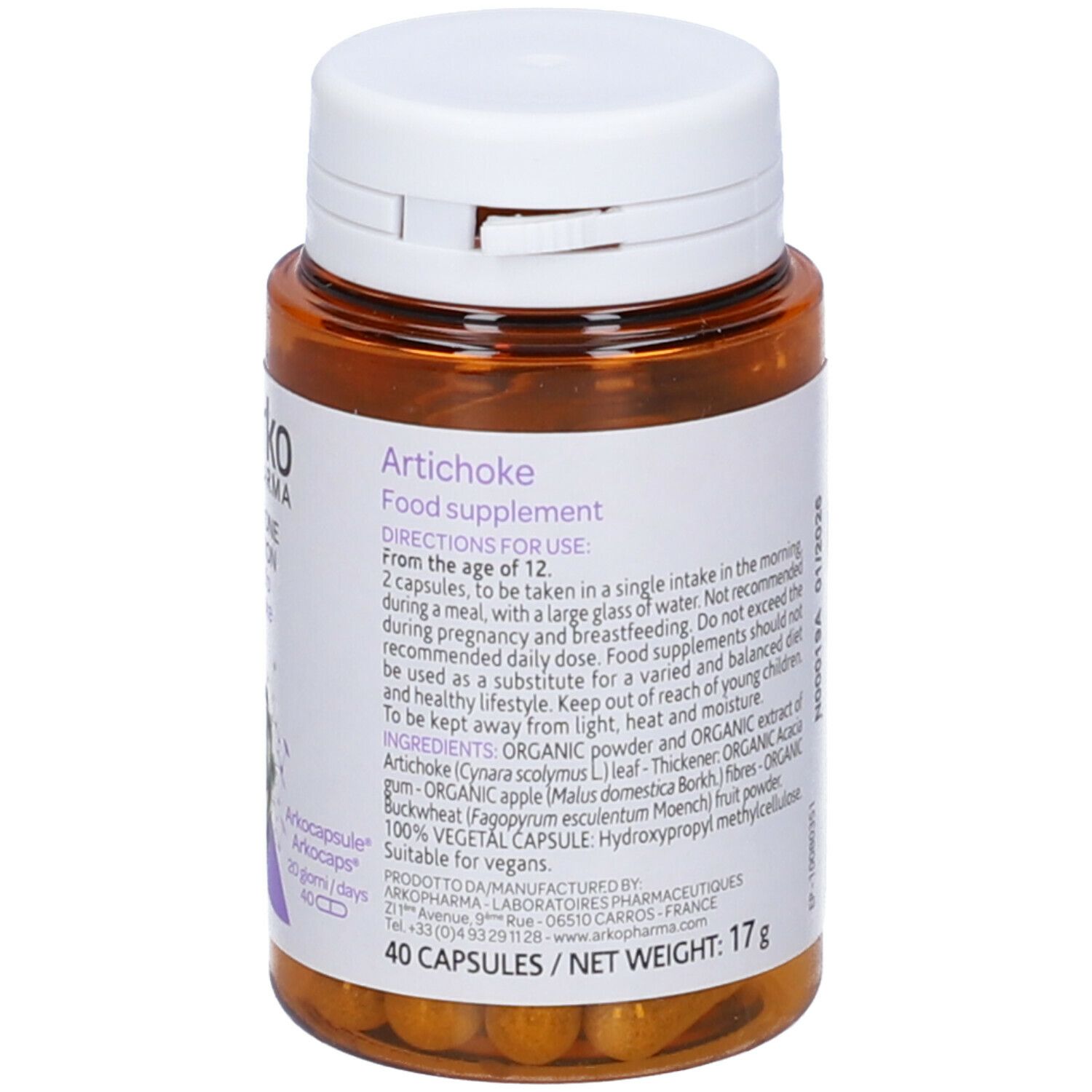 Flacone marrone, tappo bianco. Scritto: Artichoke, Food supplement, 40 capsule, 17 g. Testo in inglese.