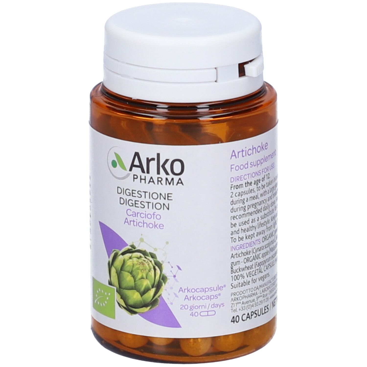 Flacone marrone, tappo bianco. Scritto: Arkopharma, Digestion, Carciofo, Artichoke, 40 capsule. Certificazione bio.